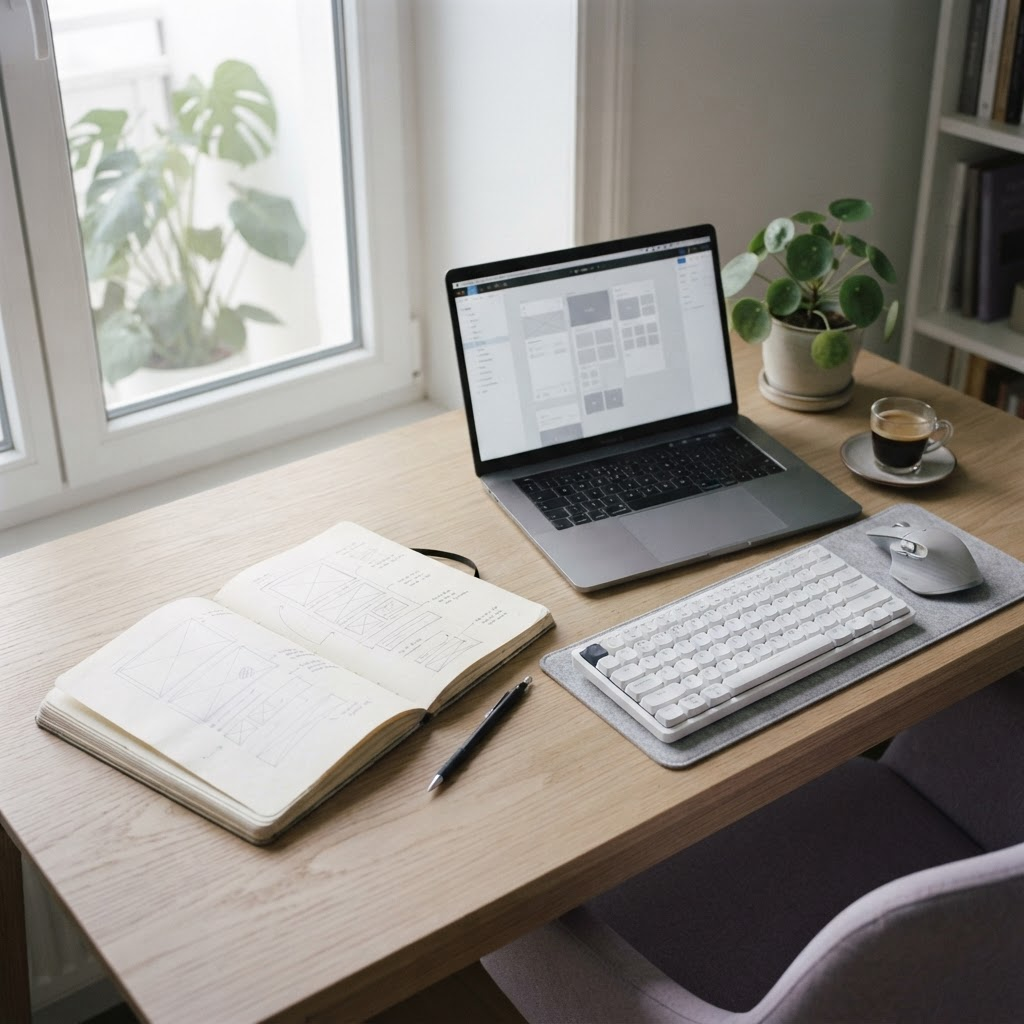 Creative workspace with a notebook, laptop, and coffee beside a window